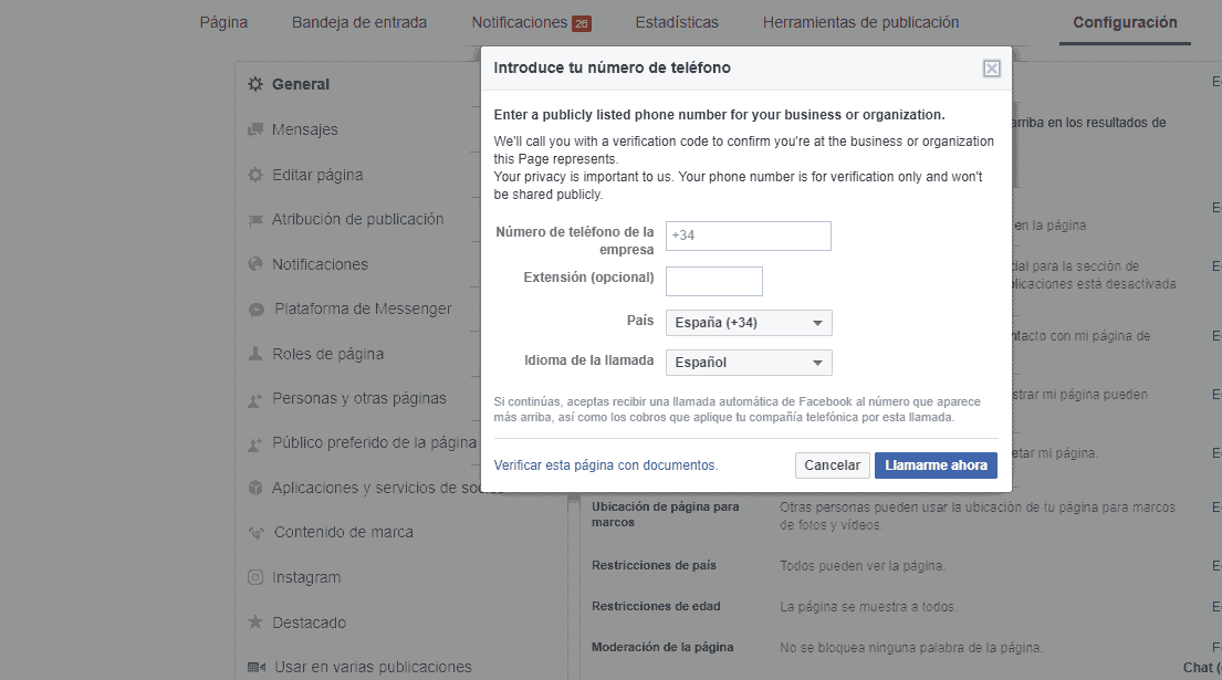 verificar página de facebook por teléfono
